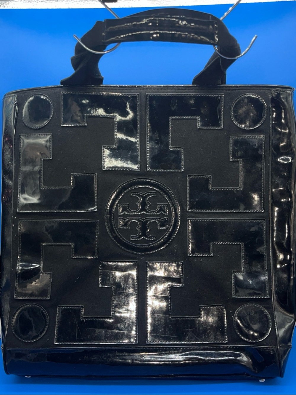 TORY BURCH Black Patent Leather w/Double Handles Embossed Double T Logo Large
